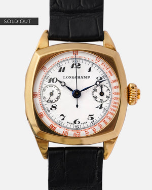 *MINT* 1930s Cushion Case Single-Pusher Longchamp chronograph | Porcelain Dial | Breguet Numbers and Hands |18Kt Yellow Gold | In 32mm