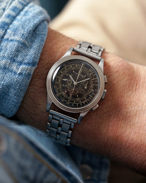 *VERY RARE* 1938 Movado Chronograph | Multi-Scale Gilt Galvanic Black Dial | Ref. 19005  Cal. M90  | Stepped Case