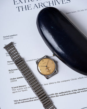 NOS* 1944 Longines Peach-Salmon Dial | Faceted Lugs | Ref.4730 | Cal. 23M | Gay Frères Bamboo Bracelet | Extract From Archives and Box