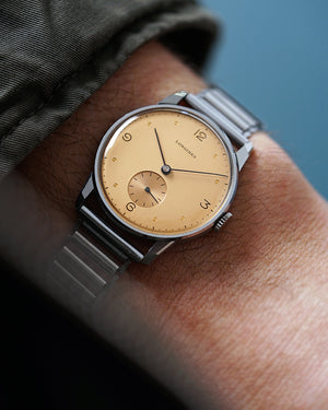 NOS* 1944 Longines Peach-Salmon Dial | Faceted Lugs | Ref.4730 | Cal. 23M | Gay Frères Bamboo Bracelet | Extract From Archives and Box