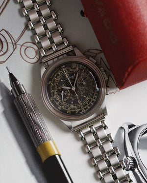 *VERY RARE* 1938 Movado Chronograph | Multi-Scale Gilt Galvanic Black Dial | Ref. 19005  Cal. M90  | Stepped Case