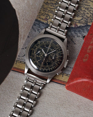 *VERY RARE* 1938 Movado Chronograph | Multi-Scale Gilt Galvanic Black Dial | Ref. 19005  Cal. M90  | Stepped Case
