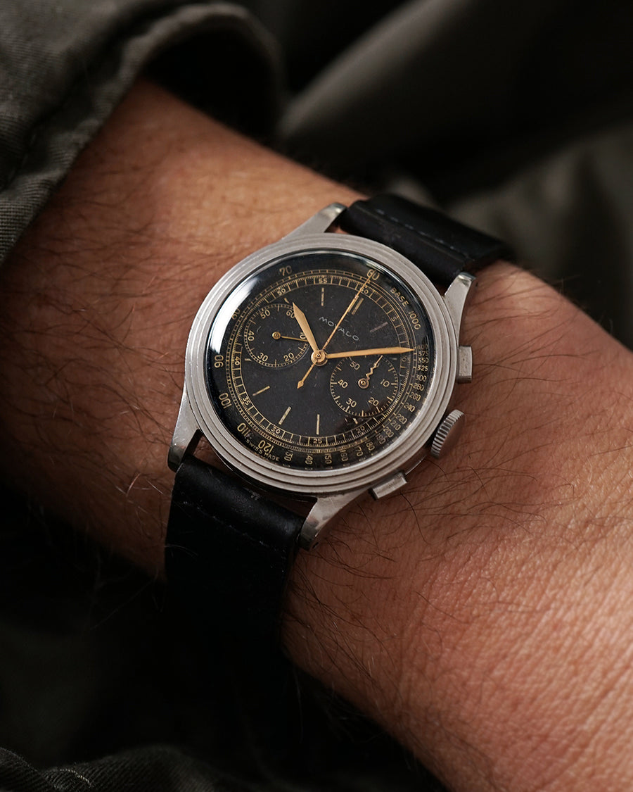 RARE* 1940s Movado Chronograph |  Black Gilt Dial | Ref. 19005  Cal. M90  | Stepped Case 35mm