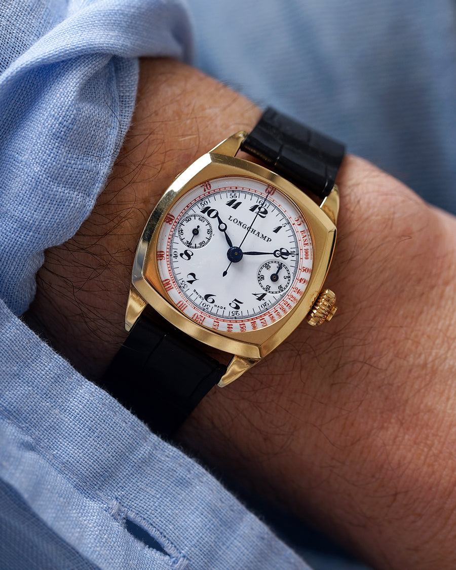 *MINT* 1930s Cushion Case Single-Pusher Longchamp chronograph | Porcelain Dial | Breguet Numbers and Hands |18Kt Yellow Gold | In 32mm