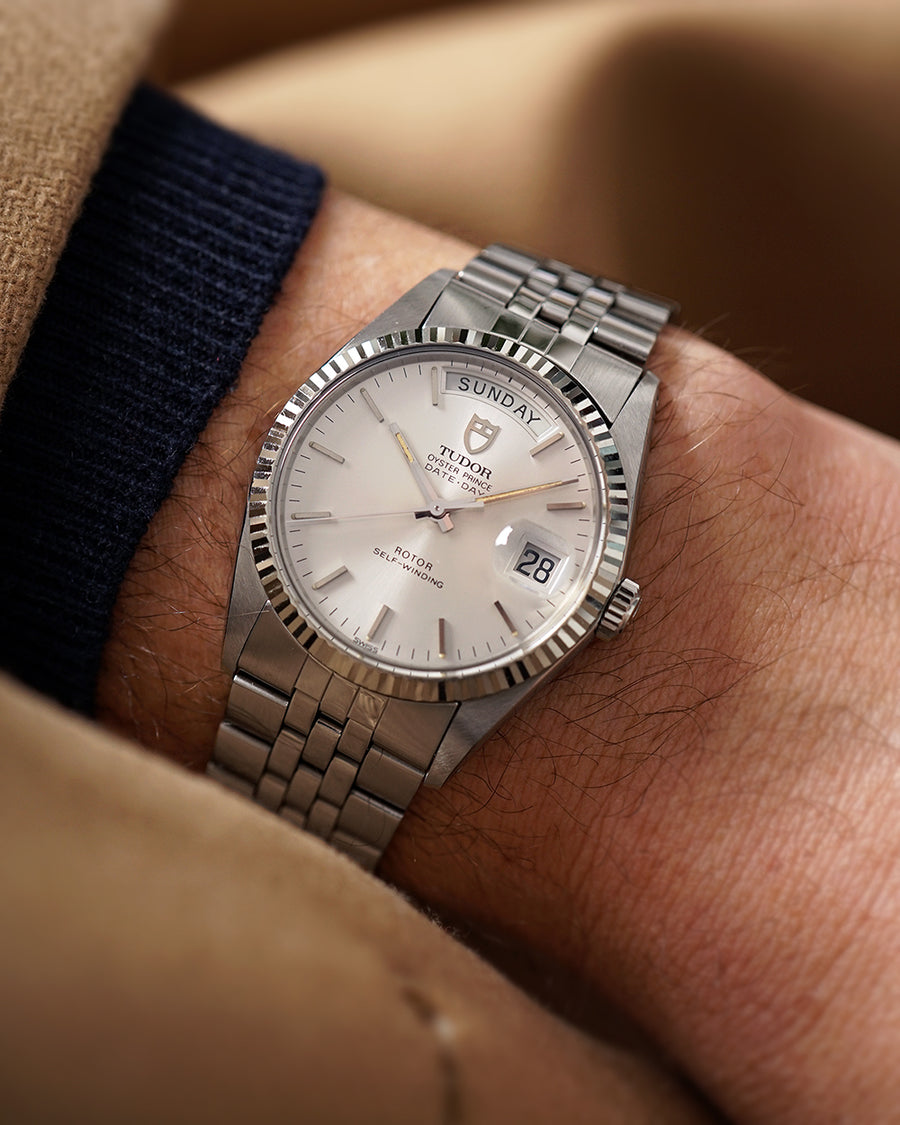 *NOS* 1987 Tudor Date-Day 36mm | White Gold Fluted Bezel | Double Box + Tag + Booklet | Ref. 94614