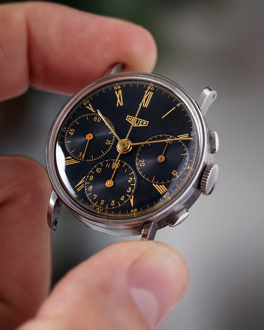 1940s Heuer Chronograph | Glossy Gilt Black Dial With Roman Numbers | Cylinder Case | Valjoux 72 | Unpolished