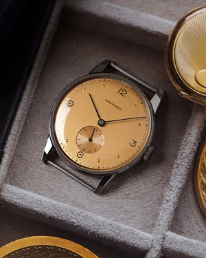 NOS* 1944 Longines Peach-Salmon Dial | Faceted Lugs | Ref.4730 | Cal. 23M | Gay Frères Bamboo Bracelet | Extract From Archives and Box