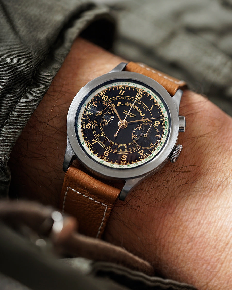 1937 Tissot Chronograph 15TL / 33.3 | Glossy Gilt Pulsations + Multi-Scale + Outer Enameled Tachymeter | Wide Flat Bezel | 38mm