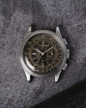 *VERY RARE* 1938 Movado Chronograph | Multi-Scale Gilt Galvanic Black Dial | Ref. 19005  Cal. M90  | Stepped Case