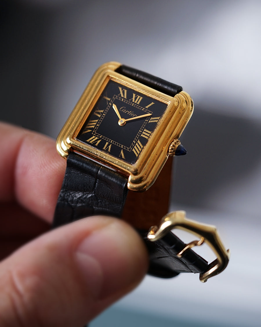 1970s Cartier Tank Stepped Case | "NEW YORK" Edition | Mécanique | Black Gilt Lacquer Dial | Ref. 25716 | With Buckle