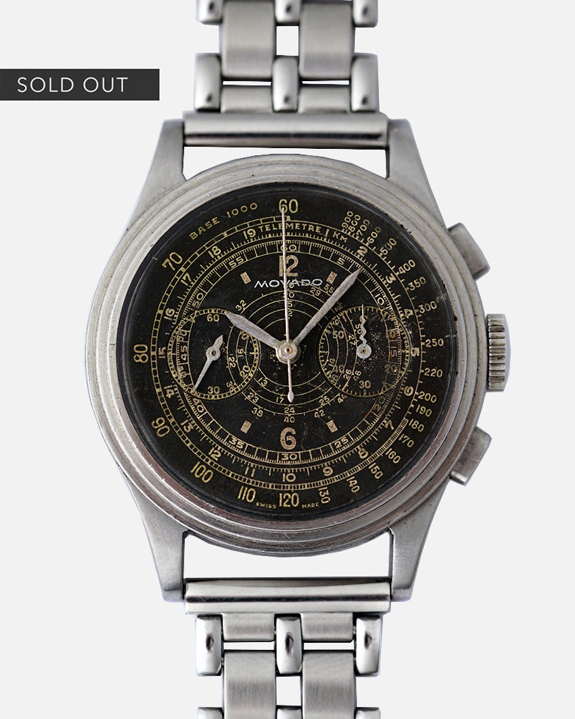 *VERY RARE* 1938 Movado Chronograph | Multi-Scale Gilt Galvanic Black Dial | Ref. 19005  Cal. M90  | Stepped Case