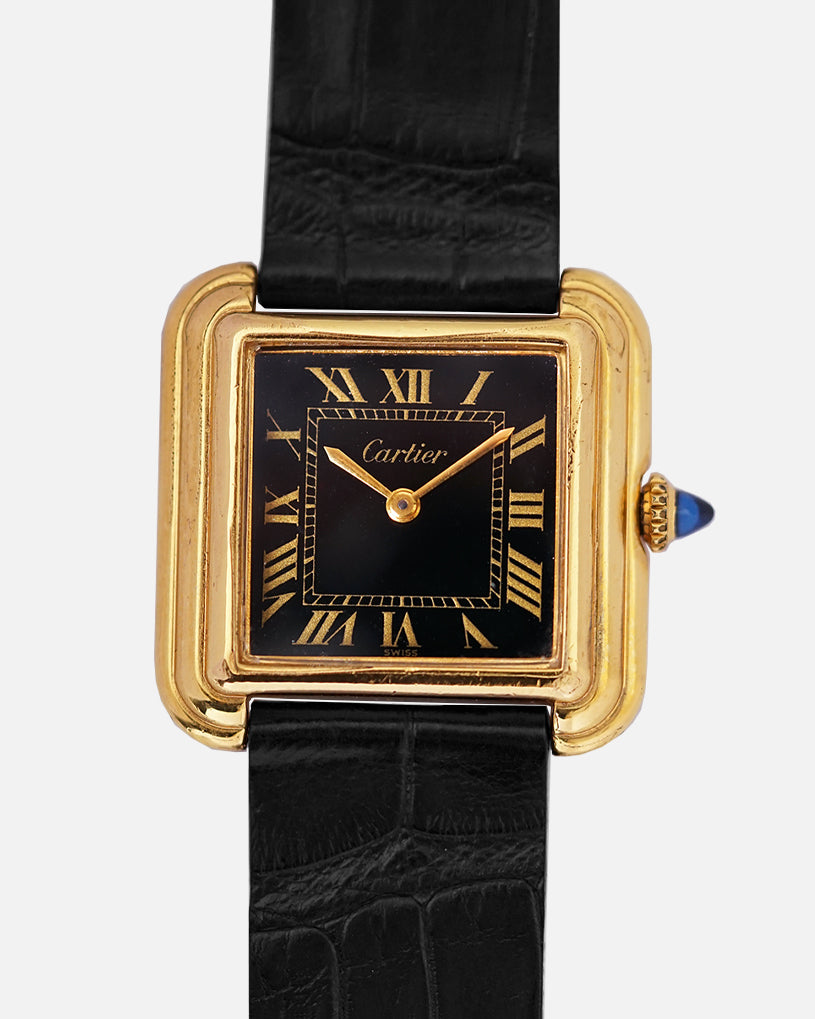 1970s Cartier Tank Stepped Case | "NEW YORK" Edition | Mécanique | Black Gilt Lacquer Dial | Ref. 25716 | With Buckle