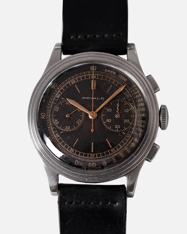 RARE* 1940s Movado Chronograph |  Black Gilt Dial | Ref. 19005  Cal. M90  | Stepped Case 35mm