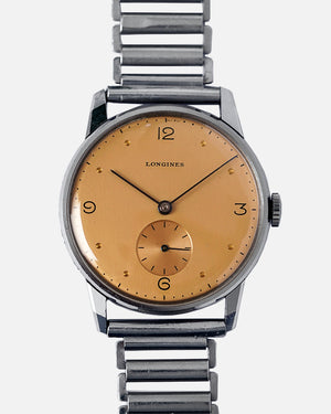 NOS* 1944 Longines Peach-Salmon Dial | Faceted Lugs | Ref.4730 | Cal. 23M | Gay Frères Bamboo Bracelet | Extract From Archives and Box