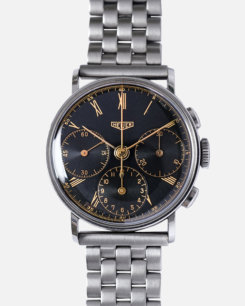 1940s Heuer Chronograph | Glossy Gilt Black Dial With Roman Numbers | Cylinder Case | Valjoux 72 | Unpolished