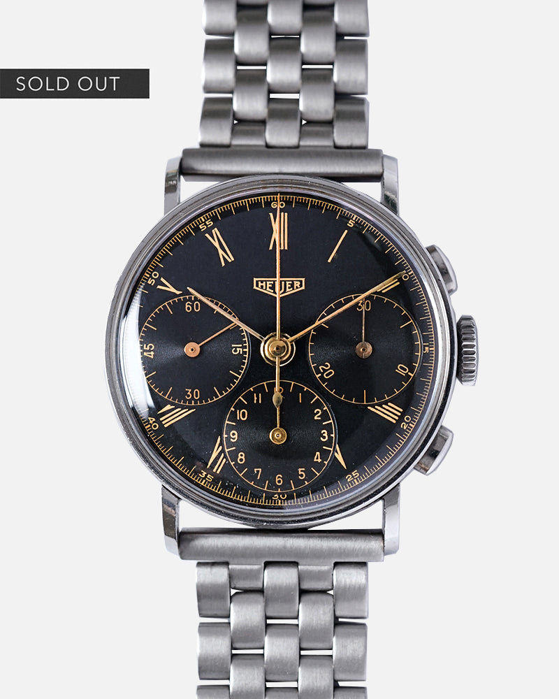 1940s Heuer Chronograph | Glossy Gilt Black Dial With Roman Numbers | Cylinder Case | Valjoux 72 | Unpolished