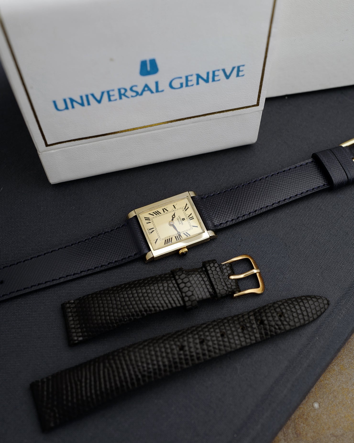 *MINT*1960s Universal Genève 'Tank Style' | Breguet Hands | Ref.60602 | 14Kt Gold | With Box, Original Strap and Signed Buckle.