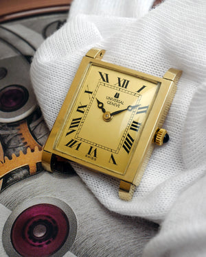*MINT*1960s Universal Genève 'Tank Style' | Breguet Hands | Ref.60602 | 14Kt Gold | With Box, Original Strap and Signed Buckle.